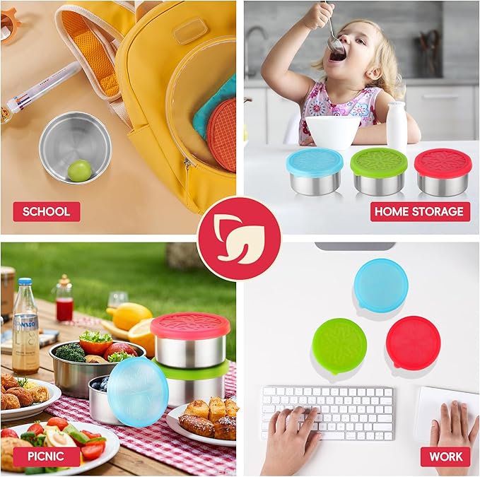Stainless Steel Snack Containers for Kids Salad Dressing Container To Go Small Snack Box with Silicone Lids Easy Open LeakProof Reusable Metal Toddler Lunch Box for School