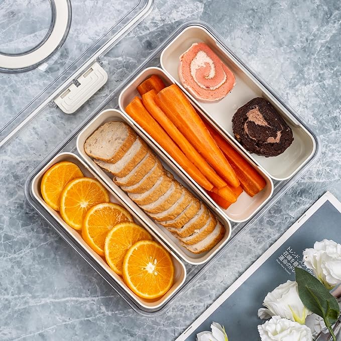 Bandesun Divided Serving Tray with Lid and Handle - Snackle Box Charcuterie Container for Portable Snack Platters - Clear Organizer for Candy, Fruits, Nuts, Snacks,4-grid