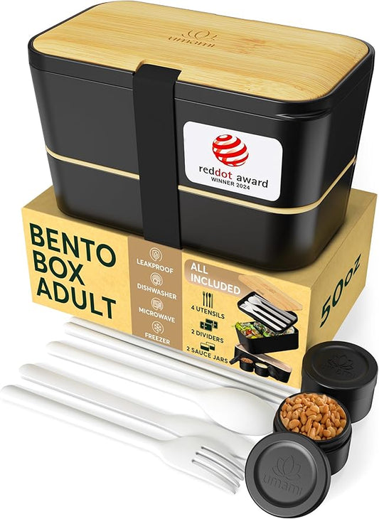 Umami Bento Box Adult All-in-1 w/ 4 Utensils, 100% Leakproof, Dishwasher & Microwave Safe Lunch Containers for Adults w/ 4 Compartments, Black & Tan, 50 oz