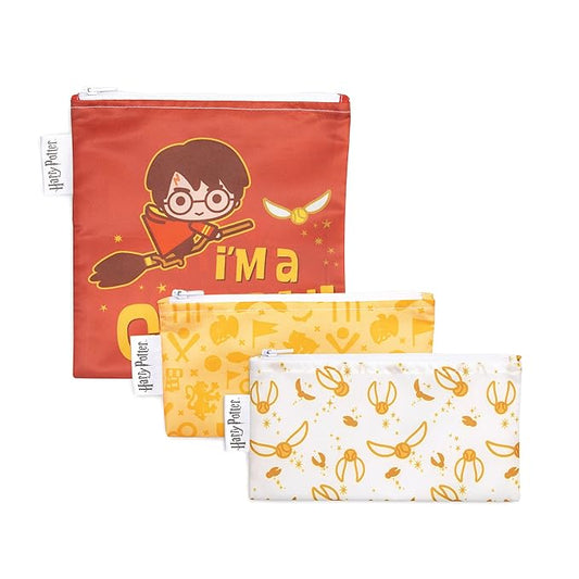 Bumkins Reusable Sandwich and Snack Bags, for Kids School Lunch and for Adults Portion, Washable Fabric, Waterproof Cloth Zip Bag, Travel Pouch, Food-Safe Storage, 3-pk Harry Potter Quidditch
