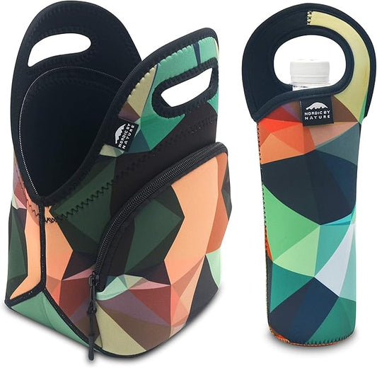 Nordic By Nature Neoprene Lunch Bag, Extra Side Pocket, Thick Insulated Tote With Bottle Sleeve, Flexible & Durable (Mosaic Camo)