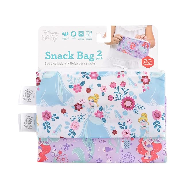 Bumkins Disney Reusable Snack Bags, for Kids School Lunch and for Adults Portion, Washable Fabric, Waterproof Cloth Zip Bag, Supplies Travel Pouch, Food-Safe, 2-pk Princess