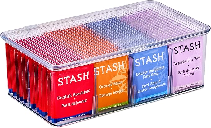 Sorbus 2 Pack Tea Bag Organizer Bins w/Lids & 4 Removable Dividers, Clear Plastic Food Packet Snack Organizer, Stackable Pantry Organization, Kitchen Storage, Fridge Bins, Sturdy Cabinet Organizers