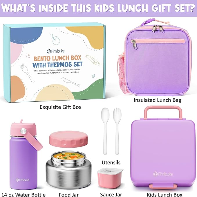 Fimibuke Bento Box for Kids Adult - Leakproof 3-4 Compartments Lunch Bento Box Set with Insulated Thermos Food Jar, Water Bottle, Lunch Bag, Sauce Cup & Cutlery for Toddler Teen Shcool Girl Boy Age 3+