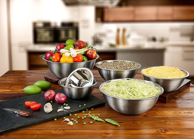 Vinod Cookware Stainless Steel Mixing Bowls - Stackable Mixing Bowl Set - Heavy Duty Flat Bottom Stainless Steel Bowls for Meal Prep, Cooking, Mixing & Serve - Space Saving & Easy Clean - Set of 6
