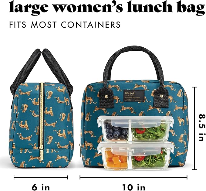 Fit & Fresh Lunch Bag For Women, Insulated Womens Lunch Bag For Work, Leakproof & Stain-Resistant Large Lunch Box For Women With Containers, Ice, Zipper Closure Bloomington Lunch Bag, Teal Cheetah