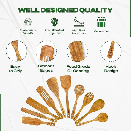 10 Pcs Wooden Spurtle Set - Safe for Nonstick Cookware - Stirs Like a Spoon, Flips Like A Spatula - 100% Natural Acacia Wood Cooking Utensils Set - Spurtles Kitchen Tools Wooden As Seen On TV Paddle