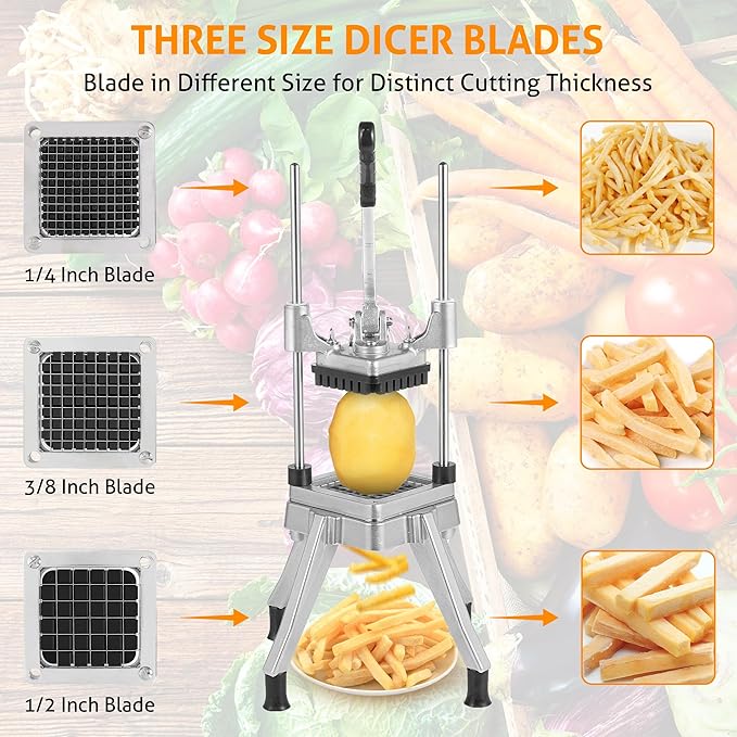 WICHEMI Commercial Vegetable Chopper Dicer Commercial Onion Chopper Dicer w/3 Replacement Blades Vegetable Fruit Chopper French Fry Cutter Heavy Duty Food Dicer Chopper for Potatoes Peppers Mushrooms