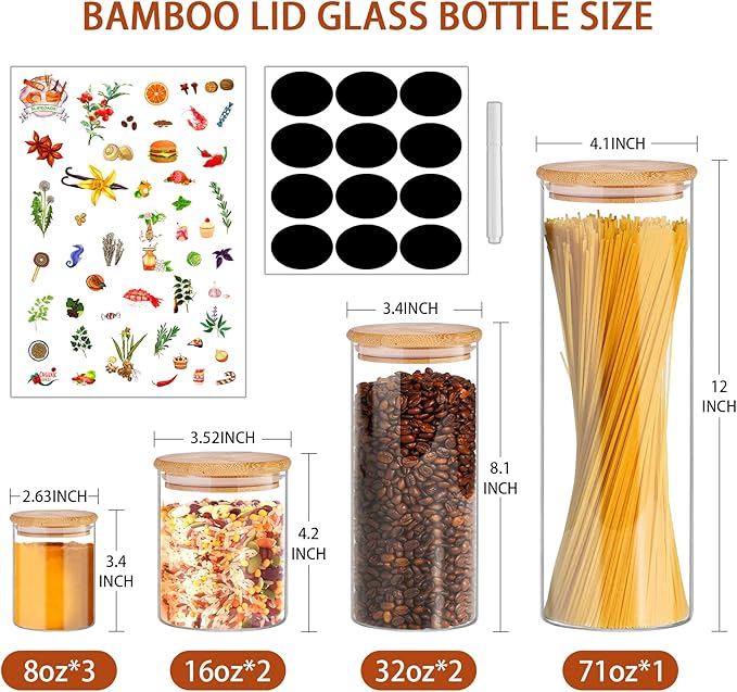 SLifeJars Glass Jars with Bamboo Lids 8pcs Mixed Sizes, Glass Food Storage Jars for Kitchen, Glass Storage Jars with Bamboo Lids, Stackable Food Storage Containers for Herbs, Rice, Pasta, etc.