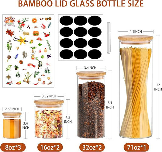 SLifeJars Glass Jars with Bamboo Lids 8pcs Mixed Sizes, Glass Food Storage Jars for Kitchen, Glass Storage Jars with Bamboo Lids, Stackable Food Storage Containers for Herbs, Rice, Pasta, etc.
