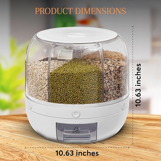 Grain and Rice Dispenser, 8 Quarts Rotating 360° Kitchen Dry Food Storage Container with 6 Compartments, Easy Disassembly for Cleaning, Compact Design