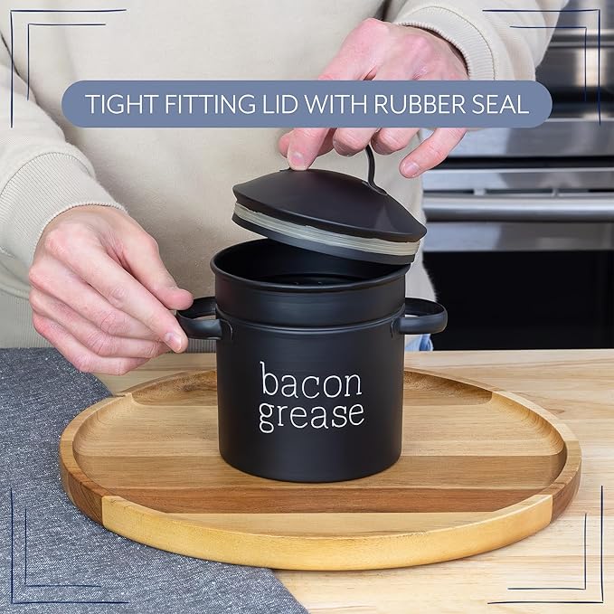 AuldHome Design Farmhouse Bacon Grease Container (Black), Enamelware Bacon Grease Can w/ Strainer, Vintage Style, Keto-Friendly