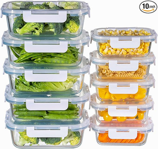 MFY 10-Pack Glass Storage Containers with Lids, Glass Meal Prep Containers Set, Airtight Lunch Containers with Lids, Microwave, Oven, Freezer and Dishwasher Safe, White