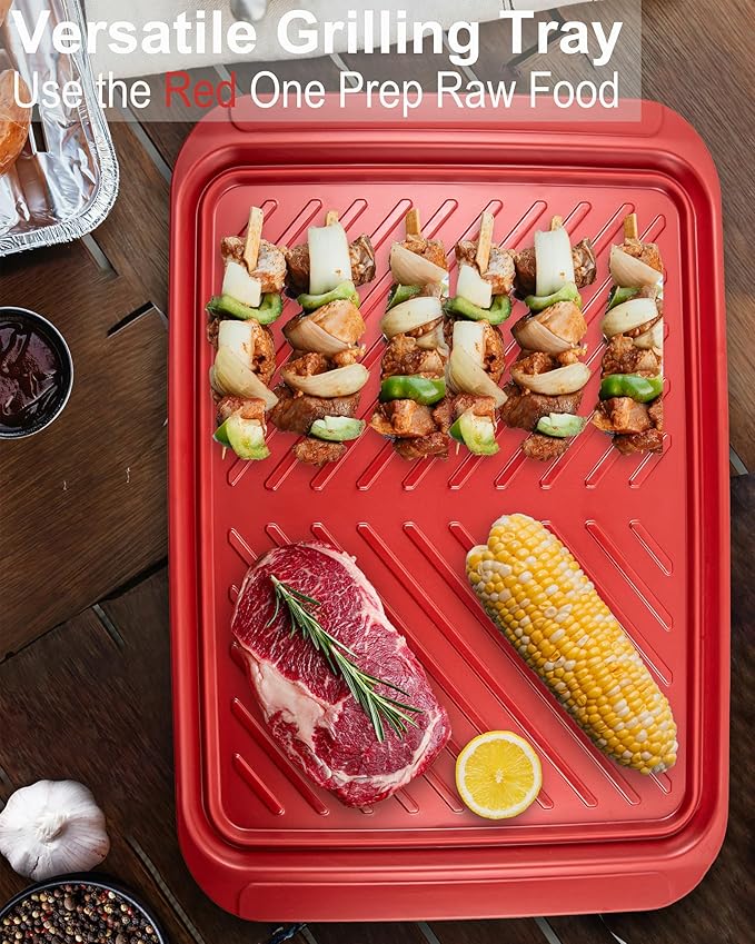 Large Grilling Prep and Serve Trays, 17" x 10.5" x 1.2" BBQ Platters for Raw and Cooked Food, Melamine Serving Trays for Food, Set of 2, Black and Red, Cleaning Pack Included