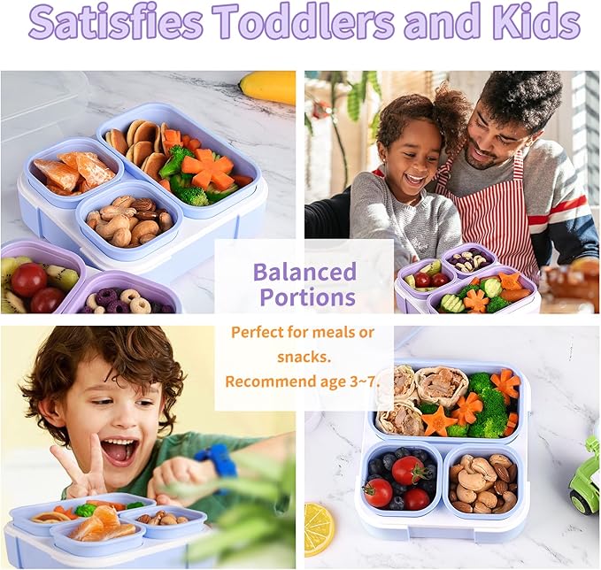 Genteen Bento Box for Kids, Kids Lunch Box with 3 Removable Compartments, Toddler Lunch Box for Daycare, School, Ideal Portion Size for Ages 3 to 7 BPA-Free Dishwasher Safe-Green - Purple