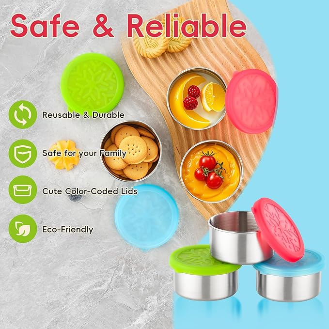 Stainless Steel Snack Containers for Kids Salad Dressing Container To Go Small Snack Box with Silicone Lids Easy Open LeakProof Reusable Metal Toddler Lunch Box for School