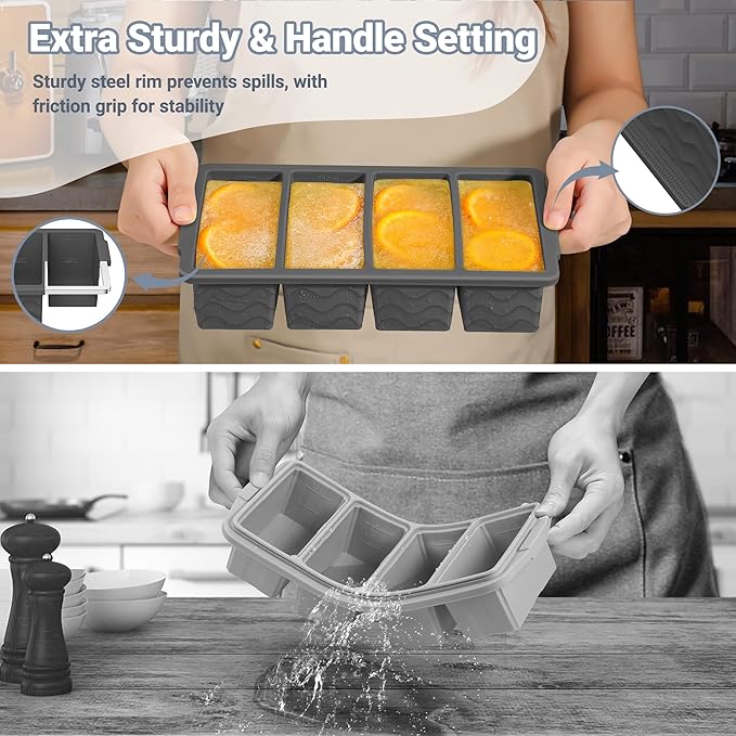 Silicone Freezer Tray for Soup with Lid – 1-Cup Soup Container Style Ice Cube Trays for Freezer, Meal Prep & Food Storage, Freeze 250mL/125mL Portions – 2 Pack