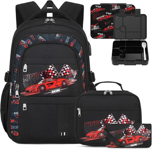Luminous Boys Backpack - Racing Car Bento Box with Insulated Lunch Bag Pencil Case & Utensils Set for Kids, 6 Leakproof Compartments Removable Tray Lunches or Snack Container (Racing Car)