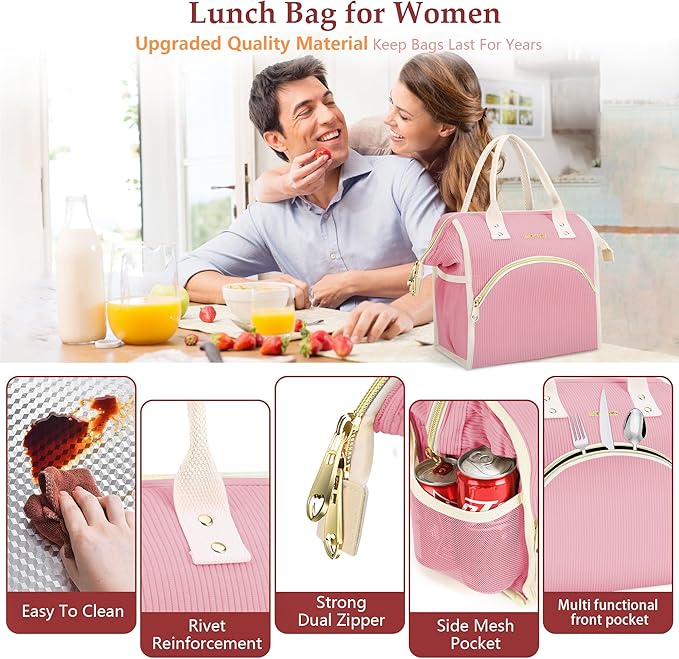 LOKASS Lunch Bag Women Insulated Lunch Box Wide-Open Lunch Tote Bag Large Cooler Bag for Work Picnic Hiking Beach（Pink）