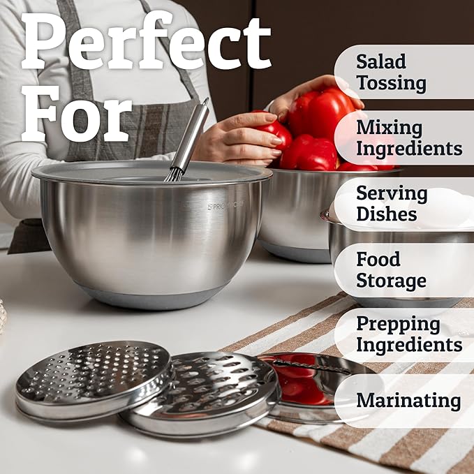 Priority Chef 28Pc Stainless Steel Mixing Bowls with Lids Set, Non-Slip Base, Air Tight Lids, 3 Graters and Utensil Set, Large Metal Nesting Bowls for Kitchen, Grey