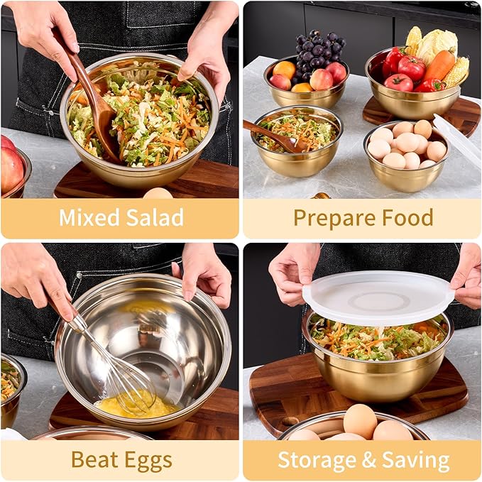 4-Piece Gold Stainless Steel Mixing, Cereal, Dessert, Rice, Fruit, Dipping Bowl Set With Airtight Lid, Unbreakable Deep Soup Bowl