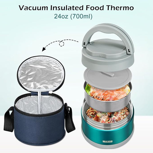 MAXSO Food Jar for Hot Food - 24 OZ Soup Thermo for Adults Vacuum Insulated Lunch Containers with Foldable Spoon & Thermal Bag, Wide Mouth Leakproof Bento Box - Green