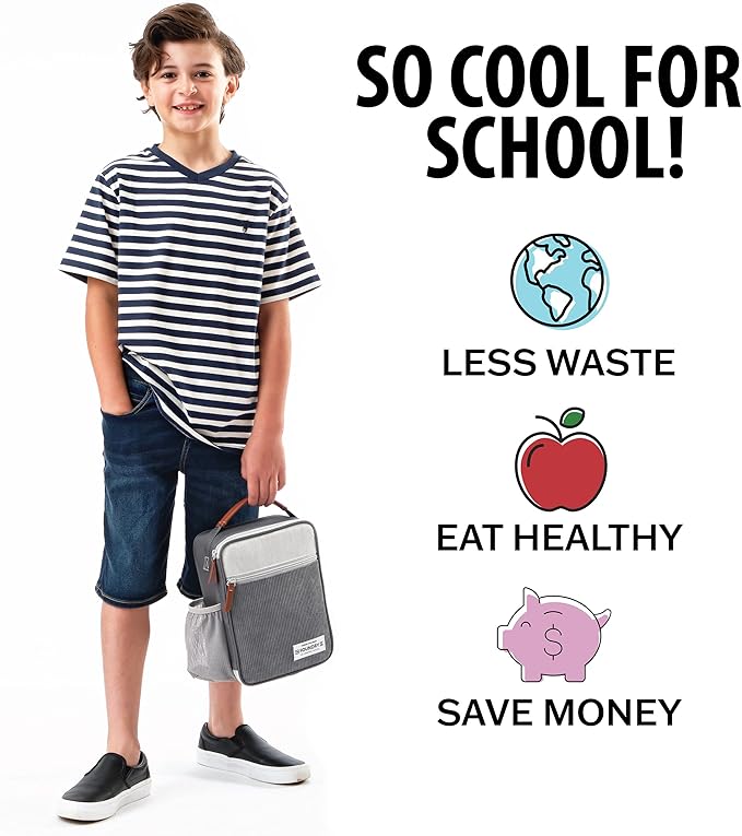 Fit & Fresh Insulated Lunch Box for Kids, Unisex, Polyester, Charcoal, 10" x 8.25" x 4", with Side Pocket and Front Zip