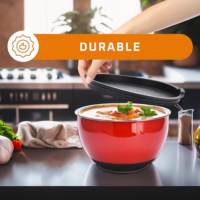 Bruntmor Double Wall Stainless Steel Mixing Bowls with Airtight Lids (Set of 4) Nesting Bowls for Space Saving Storage - Non-Slip Bottoms for Stability - Mixing Bowl Set For Cooking
