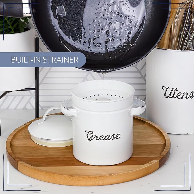 AuldHome Design Enamelware Grease Container w/ Strainer, Farmhouse Style Kitchen StorageTin, Labeled "Grease"