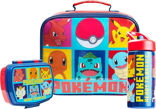 Pokemon Kids Insulated Lunch Bag, Lunch Box and Water Bottle, 3 Piece Set (Red/Blue)
