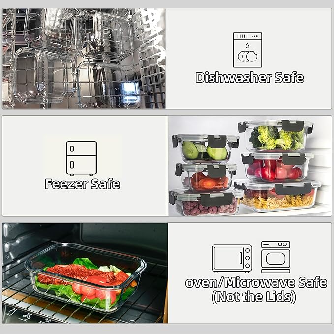 12 Pack Glass Meal Prep Containers with Airtight Lids, Leak-Proof Food Storage Containers, Dishwasher/Microwave/Oven/Freezer Safe Glass Containers for Lunch, Leftovers, to Go (Grey)