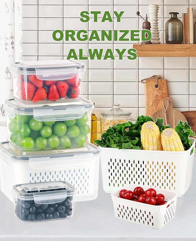 Stackable food storage containers with fresh produce on a kitchen counter, with text 'Stay Organized Always'.