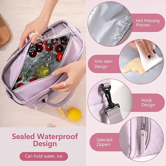 17L Insulated Lunch Bag for Women, LeakProof Insulated Work Lunch Box with Adjustable Shoulder Strap, Large Lunch Cooler Tote for Office, Commute & Travel (Stone Gray)