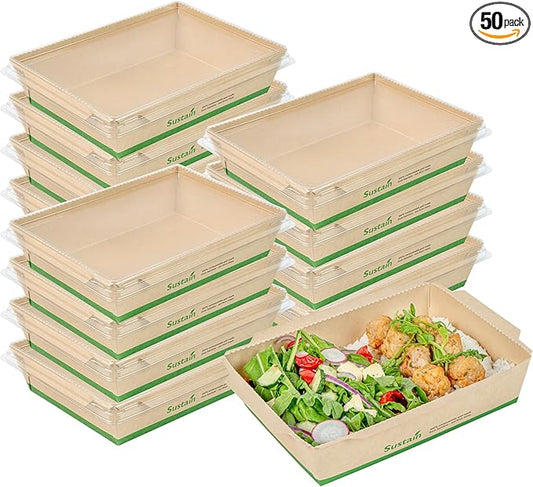 Restaurantware-Sustain 34 Ounce Sturdy Paper Take Out Boxes, 50 Disposable Take Out Food Containers - With PLA lining, Lids Sold Separately, Bamboo Paper Containers, Compostable, Click-Lock Design