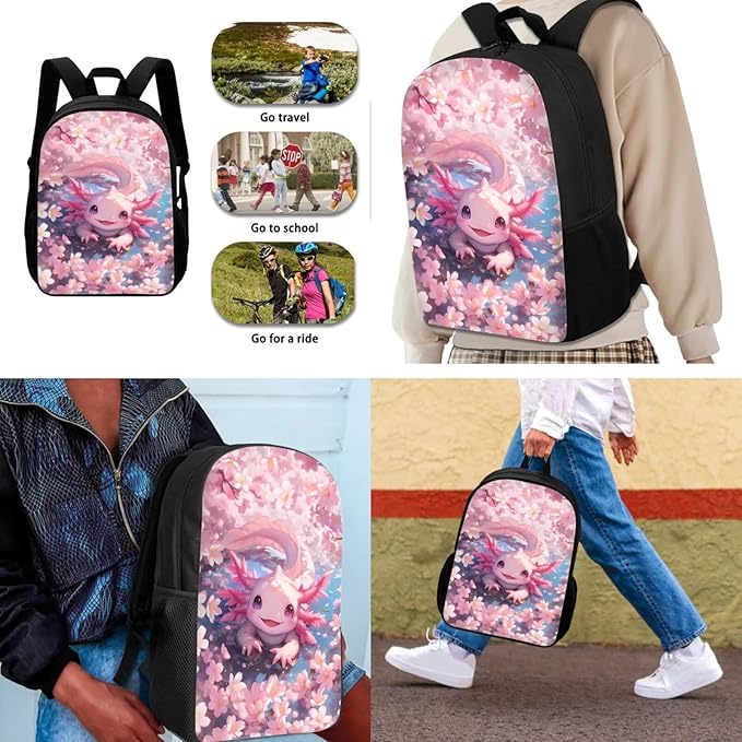 Dolyues Pink Cherry Blossom Axolotl 3-Piece Girls Backpack Set - Adorable 17-Inch School Backpack with Insulated Lunch Box and Zipper Pencil Case for Girls