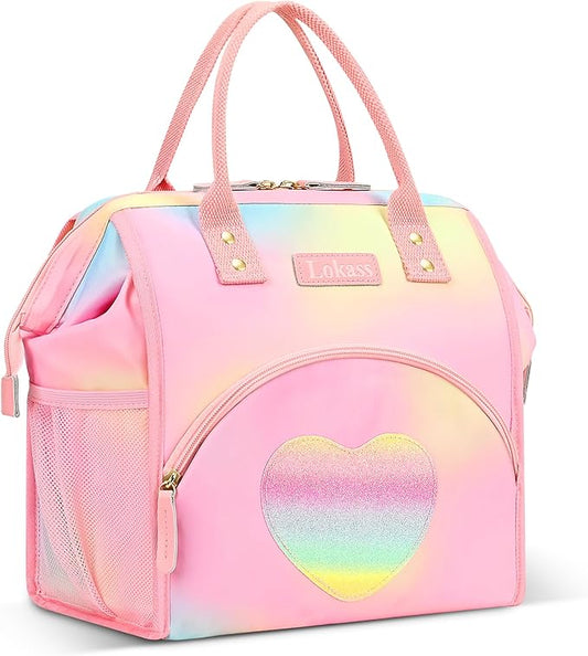 LOKASS Lunch Bag Insulated Lunch Box Wide-Open Lunch Tote Bag Large Drinks Holder Durable Thermal Snacks Organizer for Women Adults Work Picnic Hiking Beach,Heart Colorful