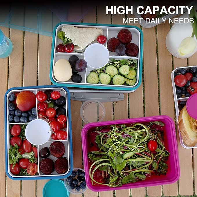 shopwithgreen LARGER Salad Containers To Go for Lunch (3 Pack), Bento Box with Dressing Pots & 5-Compartment Removable Tray, Microwave and Dishwasher Safe, BPA-free, 64 oz