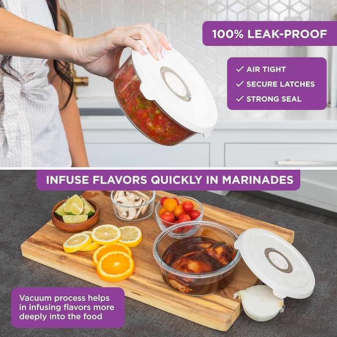 HOLDN’ STORAGE Vacuum Food Storage Containers, Set of 6 Glass Containers plus a Manual Vacuum Pump – Keep Food Fresh Longer, BPA-Free Glass, Leak-Proof, Ideal for Meal Prep, Marinating.