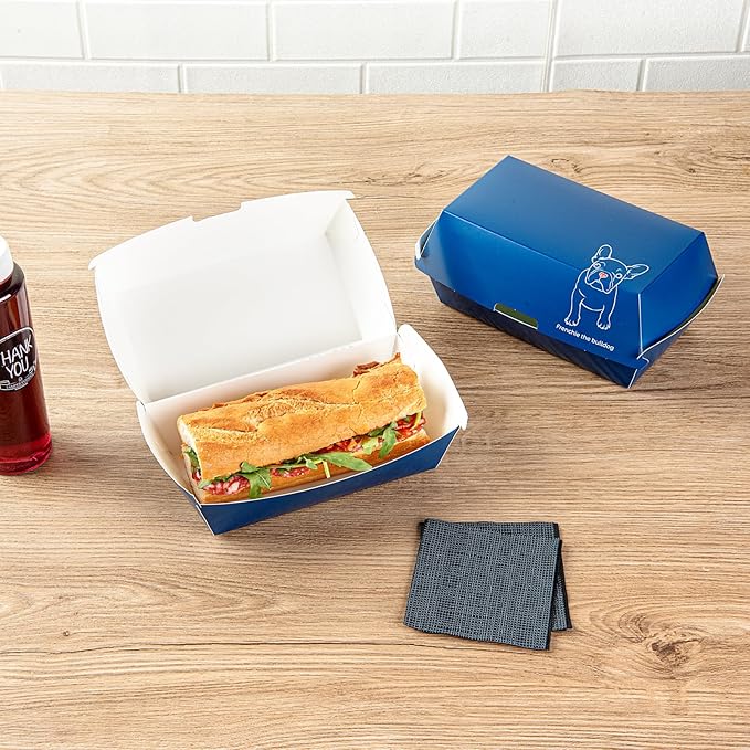 Restaurantware Bio Tek 6.7 x 3.5 x 3.5 Inch Clamshell Food Containers 100 Disposable Sandwich Containers - Hinged Lid Tab-Lock Closure Frenchie Paper Hot Dog Containers Greaseproof