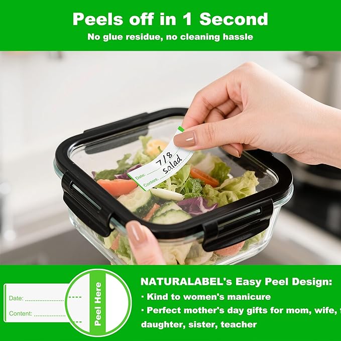 NATURALABEL 300 PCS Removable Freezer Labels with Dispenser - 1" x 3" Food Labels for Meal Prep Containers & Pantry Organizers, Easy Peel-Off Design, No Residue (Green)