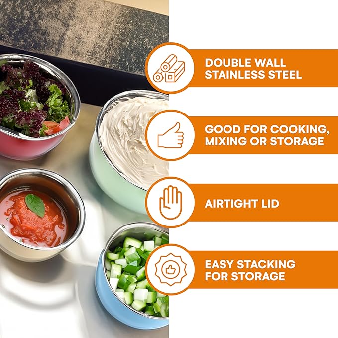 Bruntmor Double Wall Stainless Steel Mixing Bowls with Airtight Lids (Set of 4) Nesting Bowls for Space Saving Storage - Non-Slip Bottoms for Stability - Mixing Bowl Set For Cooking