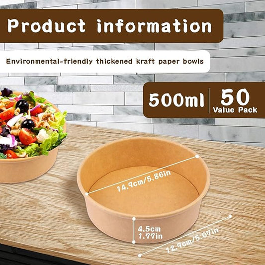 17 oz 50 Pack Large Kraft Paper Bowls with Lids, Paper Salad Bowls, Disposable Soup Salad Bowls, Paper Food Container for Salad Hot Cold Food