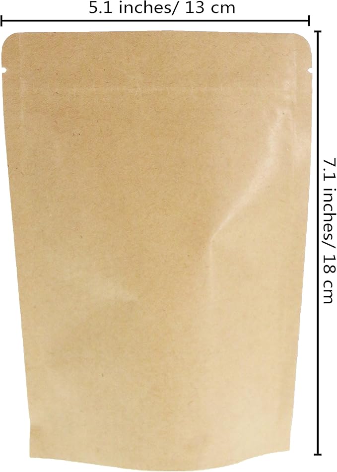 SumDirect Kraft Stand Up Pouches - 50 Pack 5x7 Inch Zipper Food Storage Reusable Bags with Foil Lined for Home or Business (Brown)