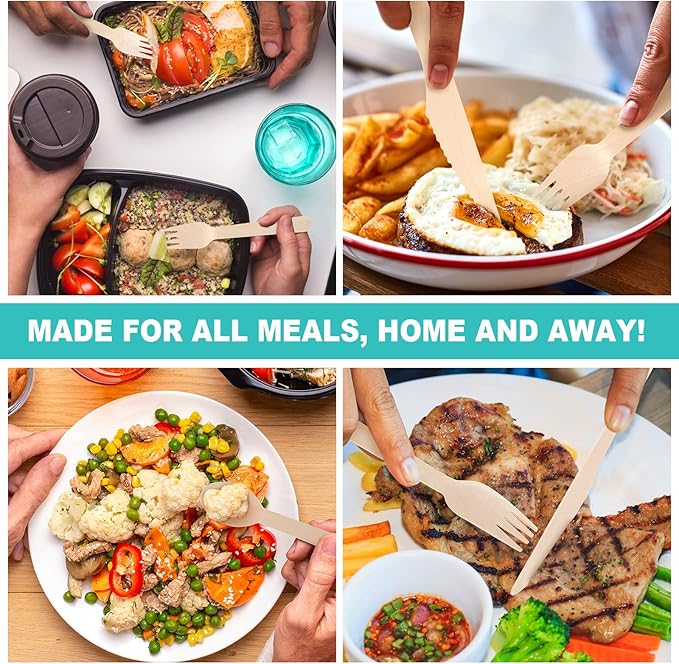 (150 Pcs) Special Edition Compostable Cutlery Set - Disposable Wooden Cutlery Set - Alternative to Plastic, Eco Friendly, Biodegradable, 50 Each Wooden Spoons, Knives, Forks Disposable Utensils Set