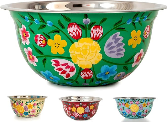 Large Hand Painted Stainless Steel Fruit Bowl - Decorative Floral for Salad Mixing and Serving - Traditional Kashmiri Art for Home Decor (Green.)