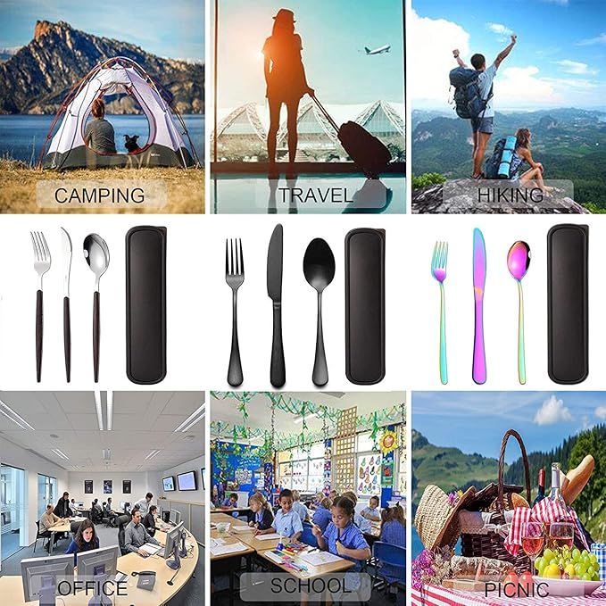 Portable Utensils Set with Case,Reusable Office Flatware Set,Healthy Travel Cutlery Set 3 PCs Stainless Steel Fork, Spoon,Knife Cutlery Ideal for Travel, Lunch Box and Camping (Rainbow)