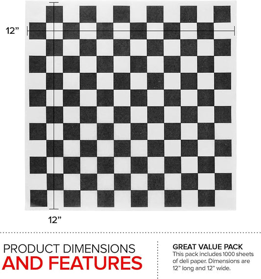 Deli Paper Sheets (1000 Count) 12-Inch Black Checkered Square Sandwich Wrapping Paper Grease Resistant Perfect for Concession Stand, Carnival, Party, Fast Food, Cheese, Basket Liner and Food Packaging