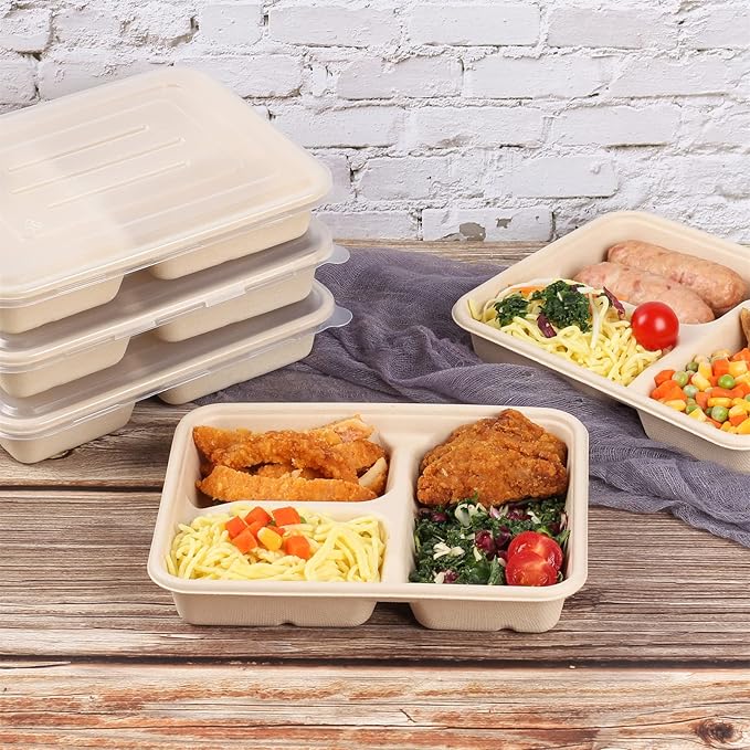 23 oz Sugarcane Fiber 3 Compartments disposable plates with Lids food container sets Plant Fibers Freezer Safe 50 Pack