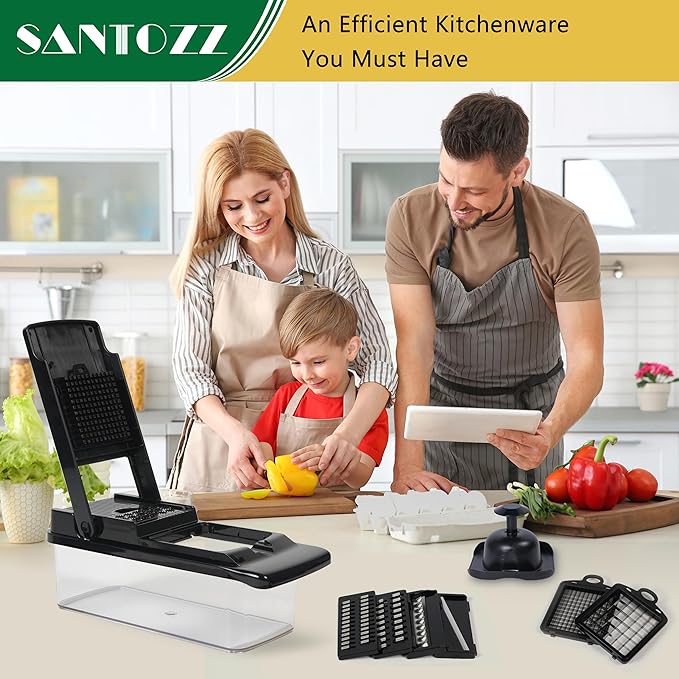 SANTOZZ Multifunctional Vegetable Chopper with Container, Vegetable Cutter with Interchangeable Blades, Onion Slicer, Garlic Grinder, Dicer for Potato, Carrot Chopper