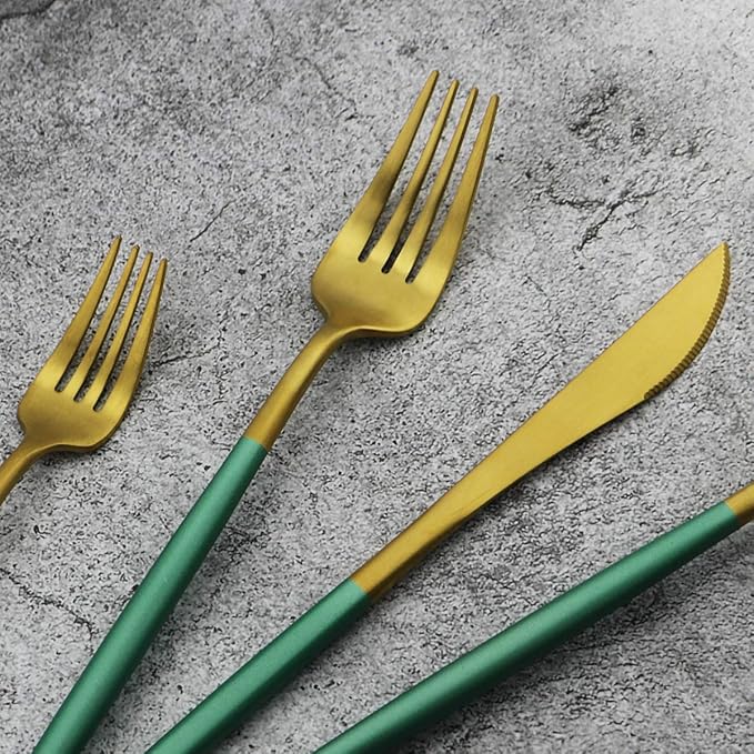 Green Handle Matte Gold Silverware, Gugrida 5-Piece 18/10 Stainless Steel Flatware Set, Kitchen Utensils, Tableware Travel Cutlery for Camping Office Lunch, Satin Finish, Dishwasher Safe